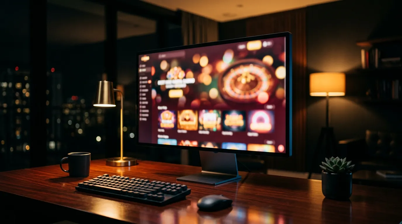 Ilustrační vizualizace rozhraní online kasina na monitoru počítače v potemnělé místnosti s teplým nasvícením.